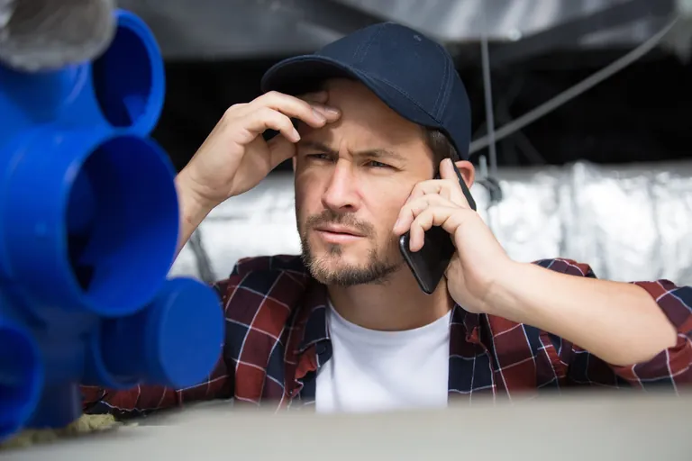 Handwerker am Telefon, der ratlos scheint