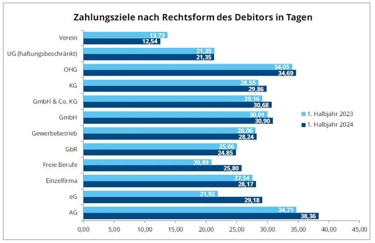 Insbesondere AGs, eGs und freie Berufe haben im ersten Halbjahr 2024 verl&auml;ngerte Zahlungsziele erhalten.
