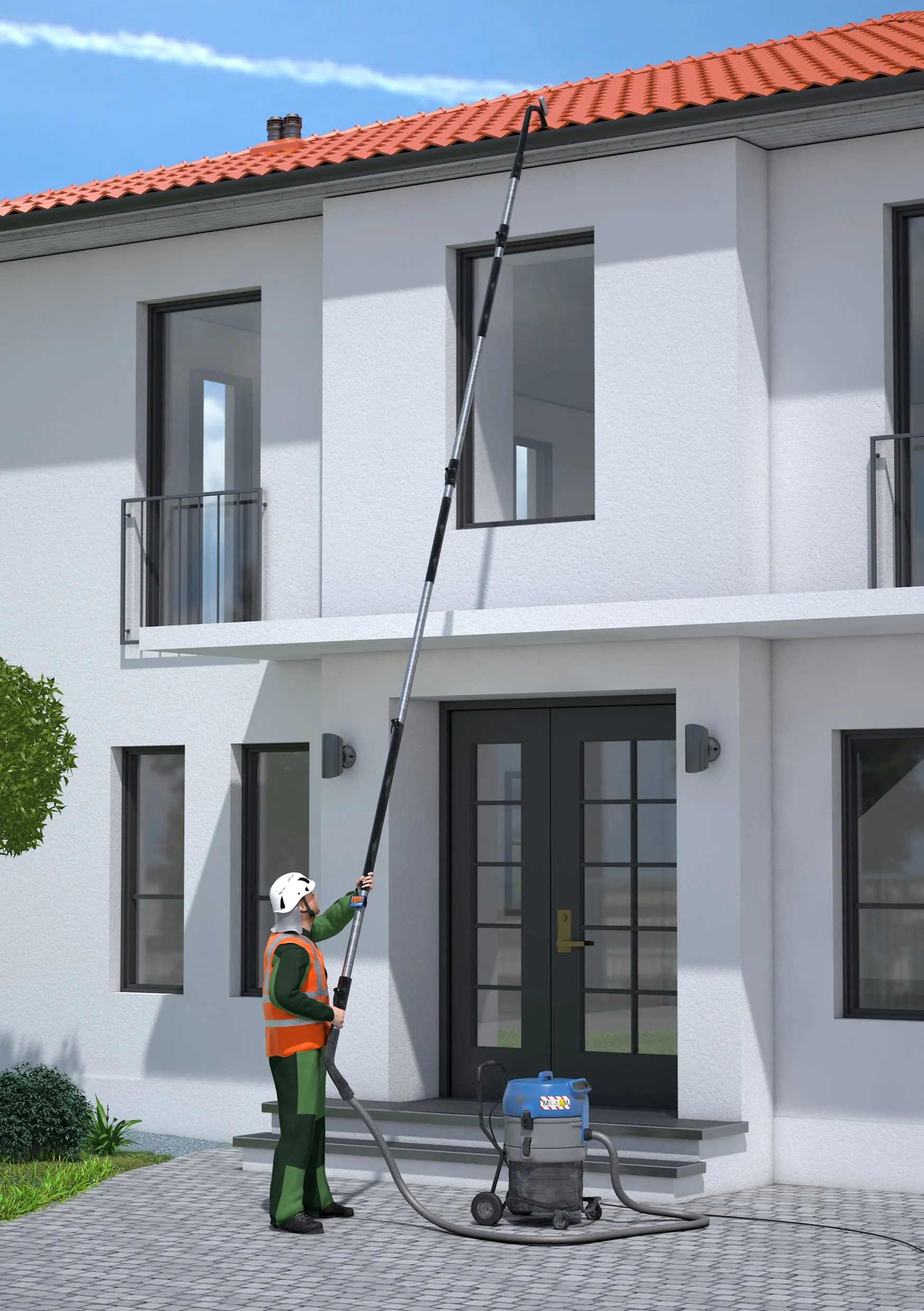 Teleskopstangen-Systeme: In der Glas- und Innenreinigung sowie bei der Reinigung von Fassaden, PV-Anlagen und Dachrinnen ermöglichen Teleskopstangensysteme ein risikoarmes Arbeiten vom Boden aus. Je nach Einsatzzweck können die Stangen mit Absaugeinrichtungen, Geräten zur Aufbereitung und Versorgung mit den erforderlichen Medien (etwa Reinwasser), Kamera-Monitoreinheiten und ergonomischen Komponenten ausgestattet werden.