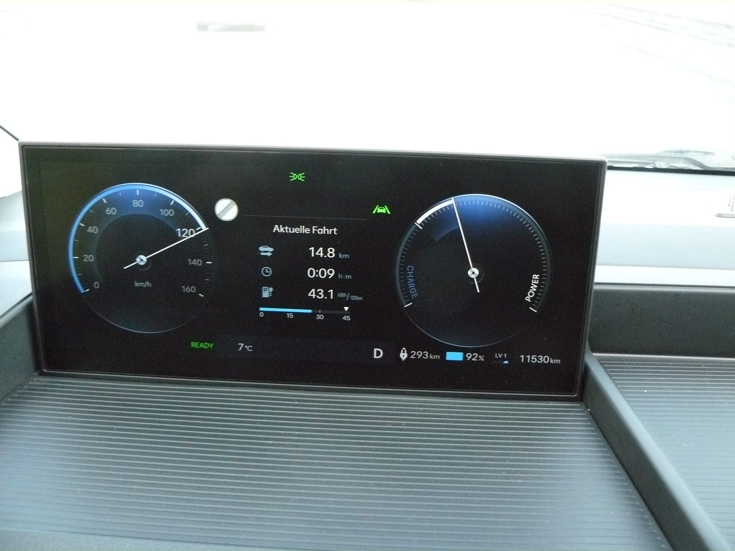 Schicke Instrumente: Hier prescht der eMoovy in voller Fahrt, man sieht’s an Tacho und Verbrauch.