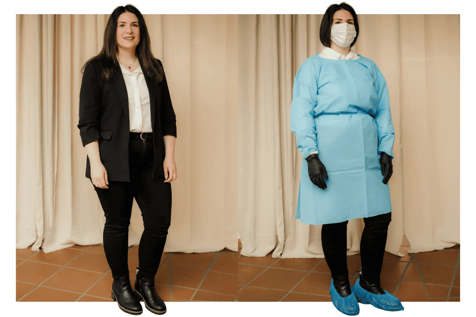Bestatterin Nadja Rehm-Kraft wechselt mehrmals t&auml;glich: vom farbigen Blazer im Beratungsgespr&auml;ch zum Krankenhauskittel in der Versorgung, vom schwarzen Mantel auf dem Friedhof zur Arbeitshose mit Stahlkappenschuhen am Grab.