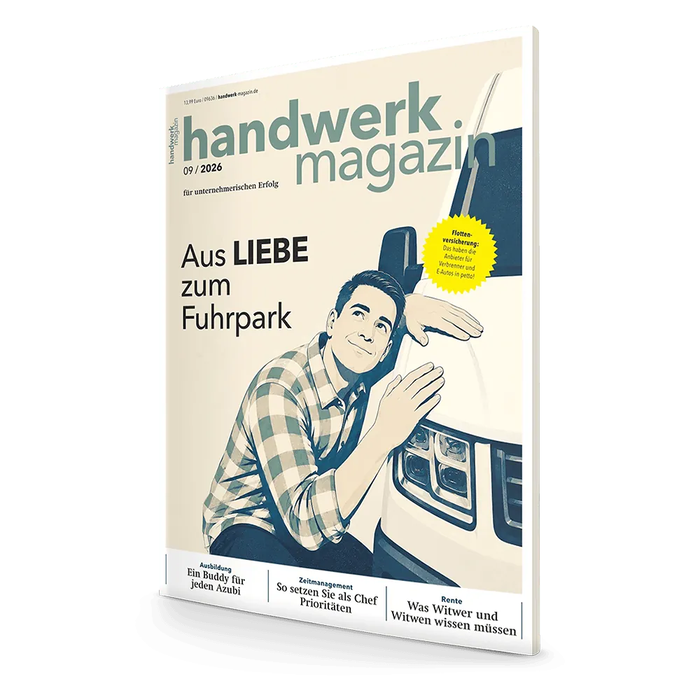 handwerk magazin September-Ausgabe 2026: Flottenversicherung im Check – aus Liebe zum Fuhrpark